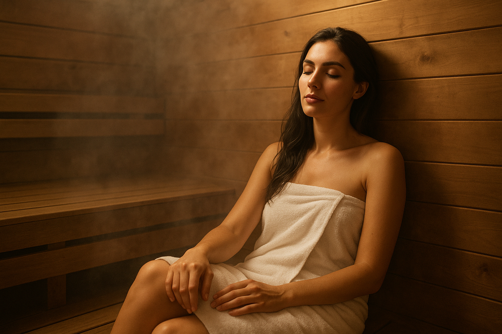 dark haired woman wearing a white towel sitting in a steam sauna