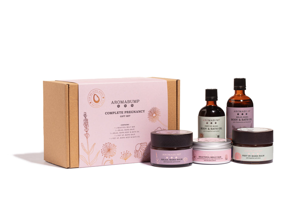 AromaBump Complete Pregnancy Set: Relax Mama Balm and Oil, Feet Up Mama Balm and Oil, and Beautiful Belly Bar with its gorgeous new gift box